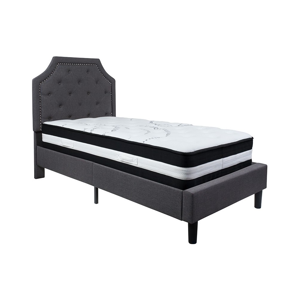 Brighton Twin Size Tufted Upholstered Platform Bed in Dark Gray Fabric with Pocket Spring Mattress