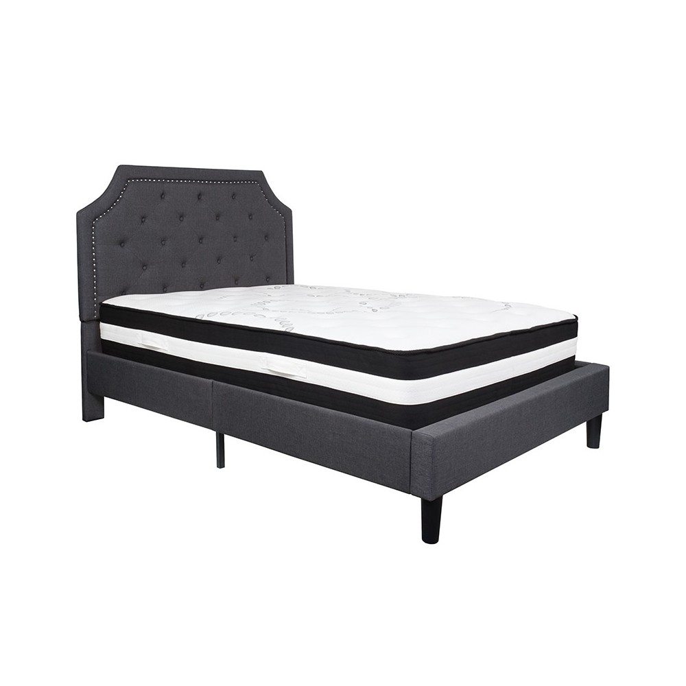 Brighton Full Size Tufted Upholstered Platform Bed in Dark Gray Fabric with Pocket Spring Mattress