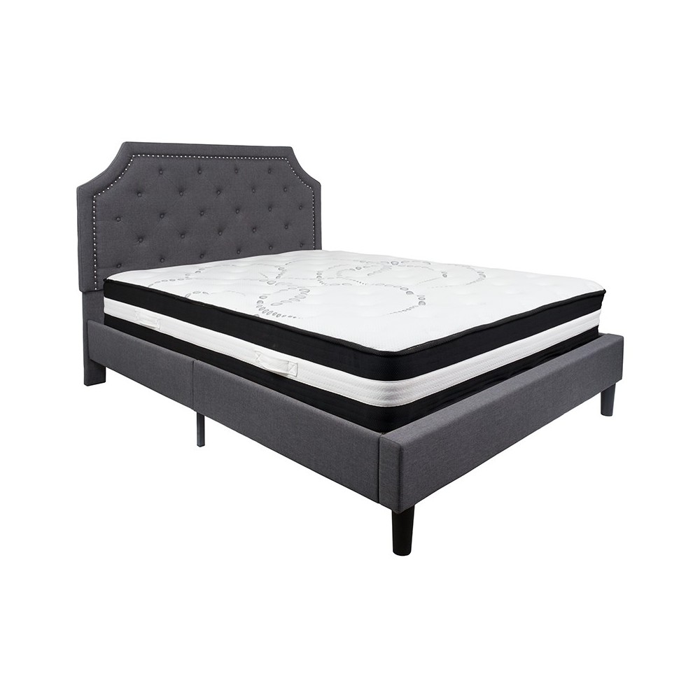 Brighton Queen Size Tufted Upholstered Platform Bed in Dark Gray Fabric with Pocket Spring Mattress