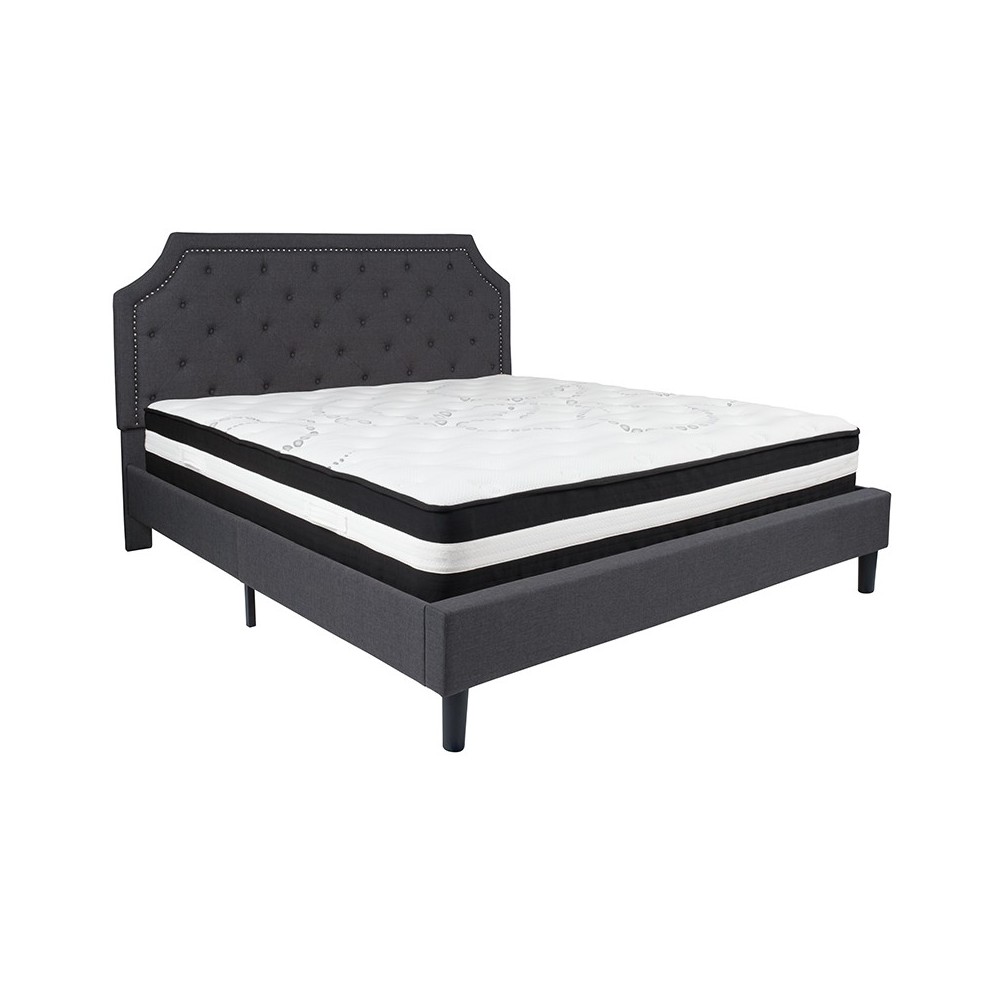 Brighton King Size Tufted Upholstered Platform Bed in Dark Gray Fabric with Pocket Spring Mattress