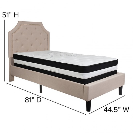 Brighton Twin Size Tufted Upholstered Platform Bed in Beige Fabric with Pocket Spring Mattress