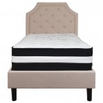 Brighton Twin Size Tufted Upholstered Platform Bed in Beige Fabric with Pocket Spring Mattress