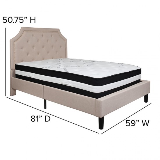 Brighton Full Size Tufted Upholstered Platform Bed in Beige Fabric with Pocket Spring Mattress