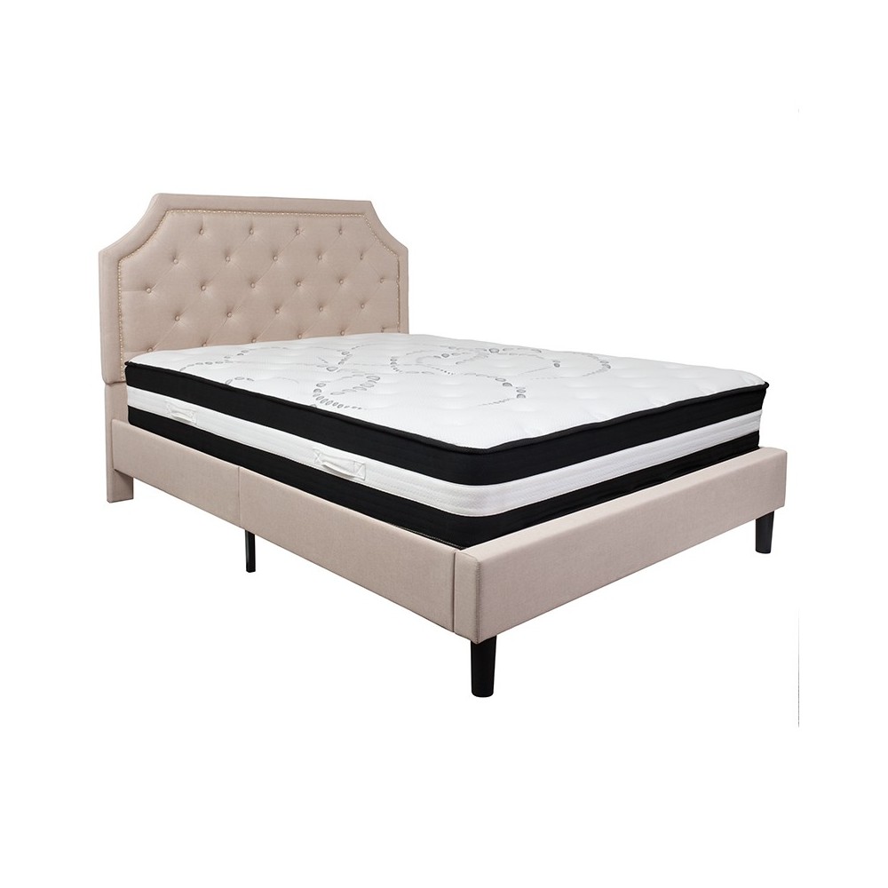 Brighton Queen Size Tufted Upholstered Platform Bed in Beige Fabric with Pocket Spring Mattress