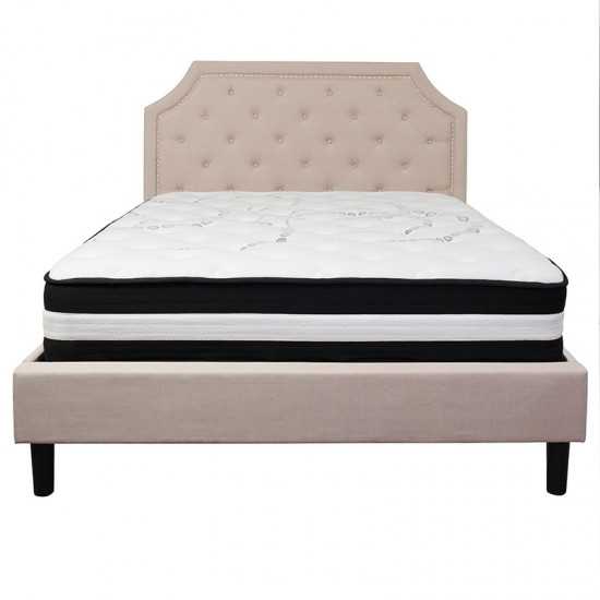 Brighton Queen Size Tufted Upholstered Platform Bed in Beige Fabric with Pocket Spring Mattress