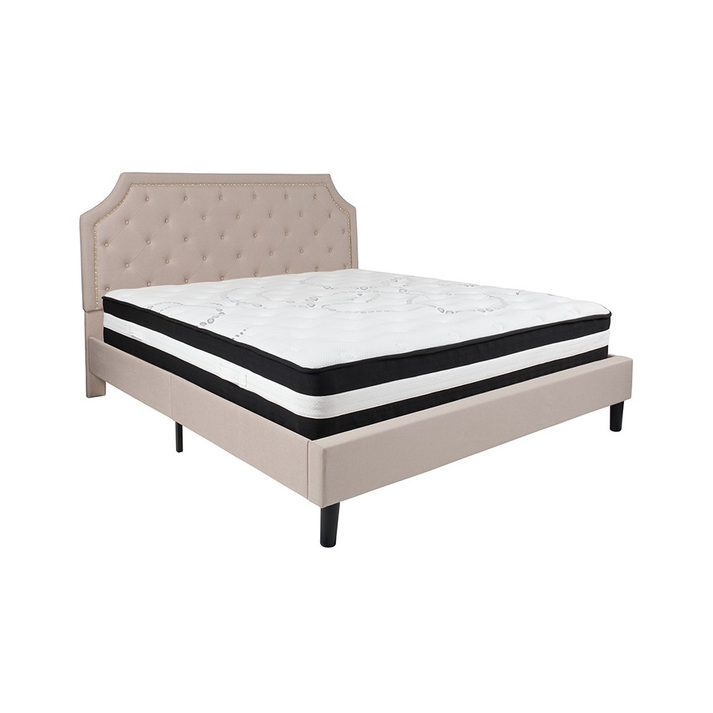 Brighton King Size Tufted Upholstered Platform Bed in Beige Fabric with Pocket Spring Mattress Brighton King Size Tufted Upholstered Platform Bed in Beige Fabric with Pocket Spring Mattress