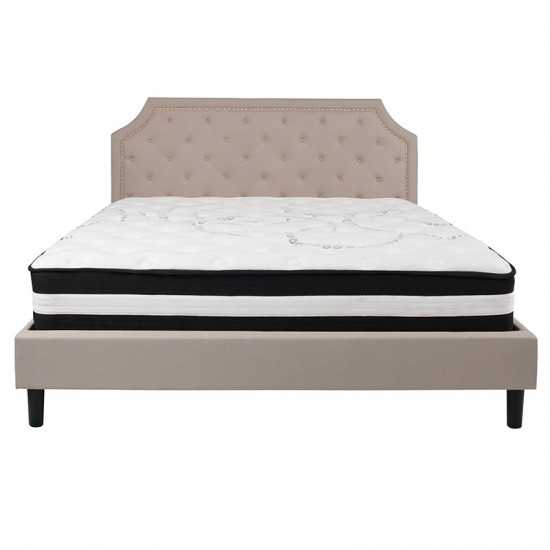 Brighton King Size Tufted Upholstered Platform Bed in Beige Fabric with Pocket Spring Mattress