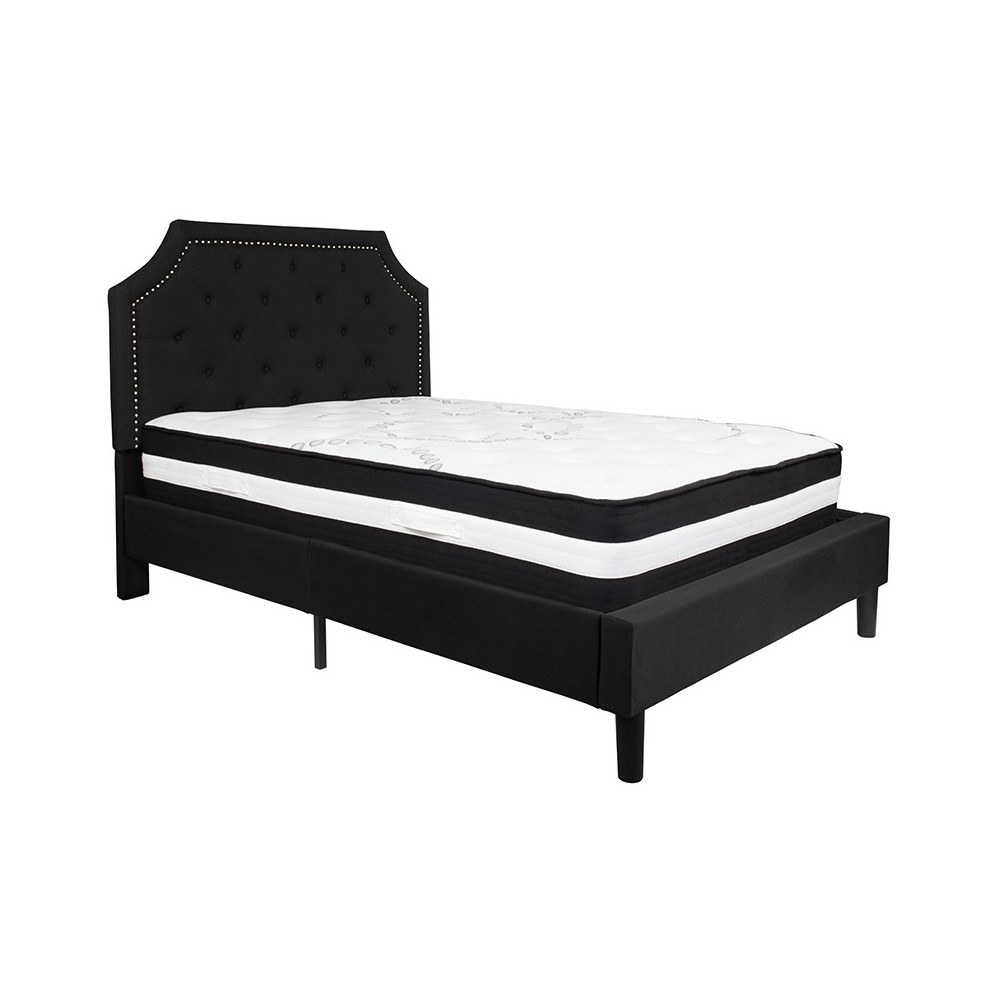 Brighton Full Size Tufted Upholstered Platform Bed in Black Fabric with Pocket Spring Mattress