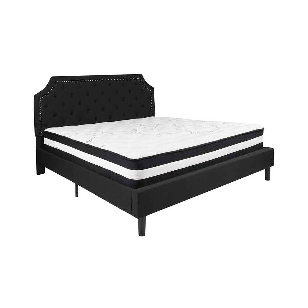 Brighton King Size Tufted Upholstered Platform Bed in Black Fabric with Pocket Spring Mattress