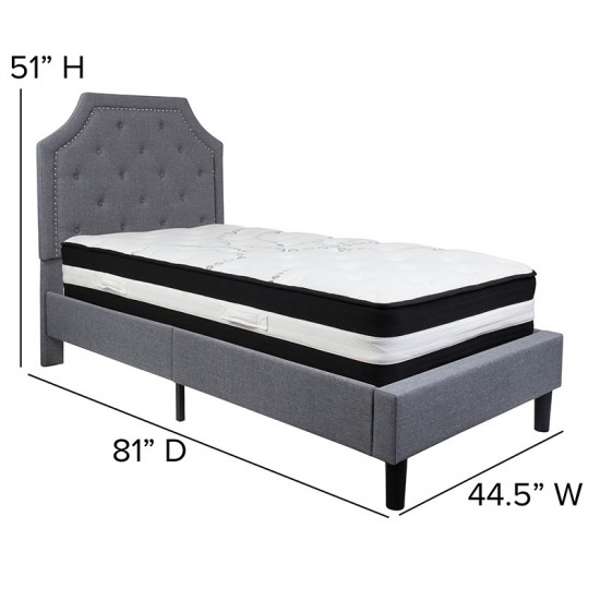 Brighton Twin Size Tufted Upholstered Platform Bed in Light Gray Fabric with Pocket Spring Mattress