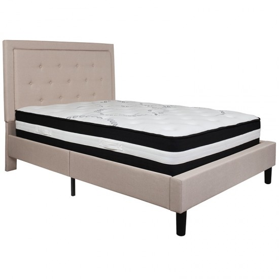 Roxbury Full Size Tufted Upholstered Platform Bed in Beige Fabric with Pocket Spring Mattress