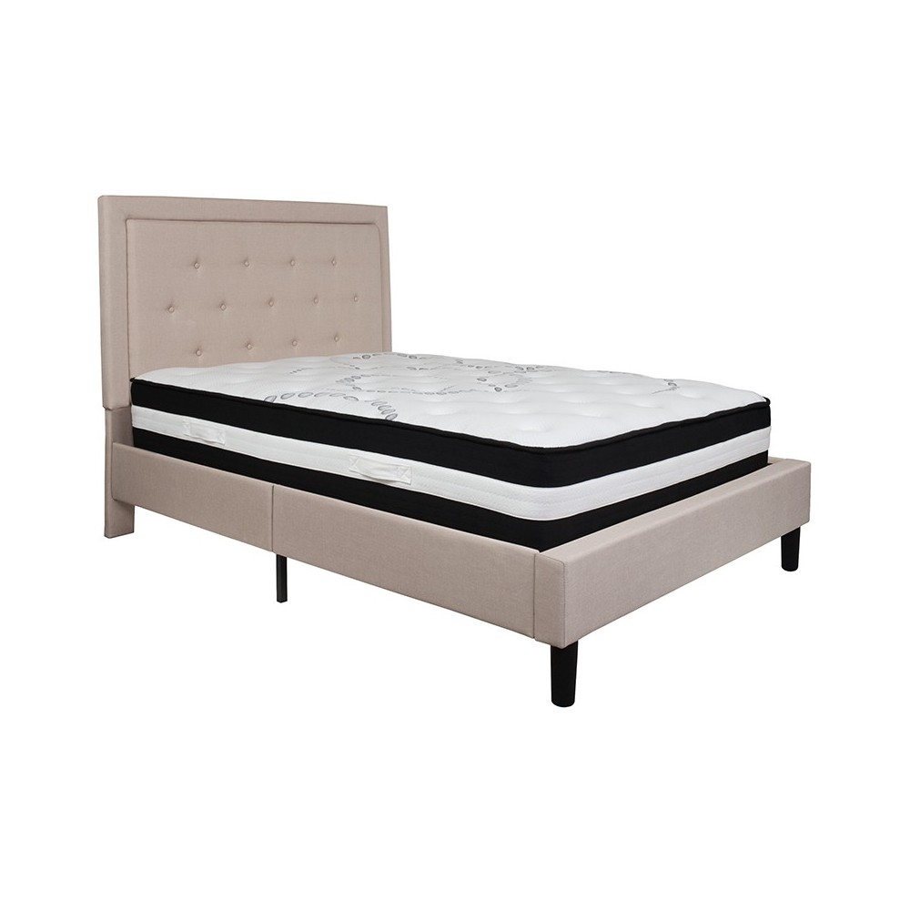 Roxbury Full Size Tufted Upholstered Platform Bed in Beige Fabric with Pocket Spring Mattress