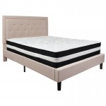 Roxbury Queen Size Tufted Upholstered Platform Bed in Beige Fabric with Pocket Spring Mattress