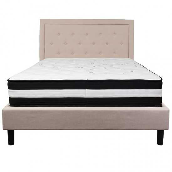 Roxbury Queen Size Tufted Upholstered Platform Bed in Beige Fabric with Pocket Spring Mattress