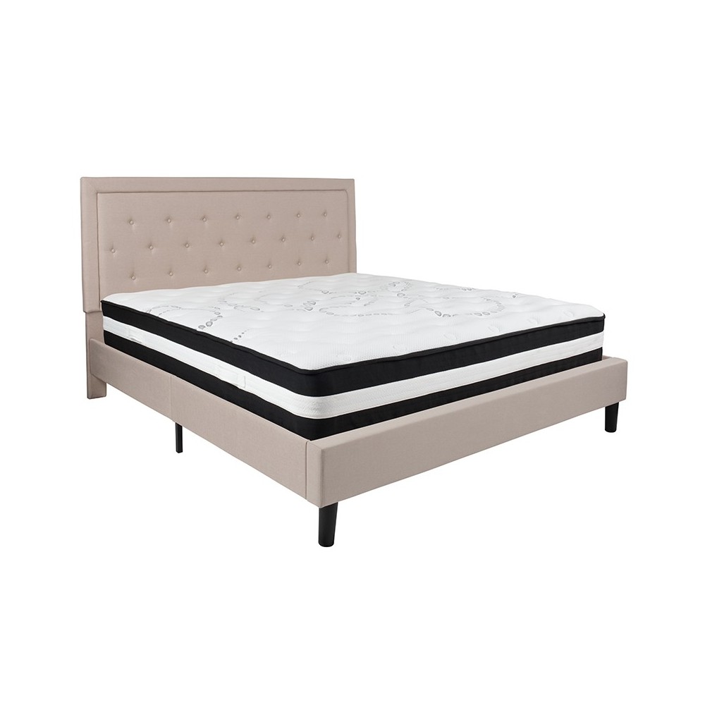 Roxbury King Size Tufted Upholstered Platform Bed in Beige Fabric with Pocket Spring Mattress