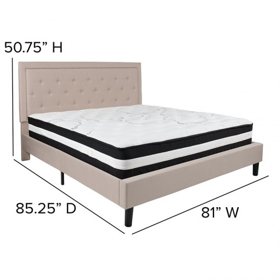 Roxbury King Size Tufted Upholstered Platform Bed in Beige Fabric with Pocket Spring Mattress