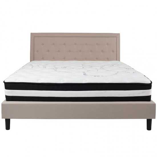 Roxbury King Size Tufted Upholstered Platform Bed in Beige Fabric with Pocket Spring Mattress