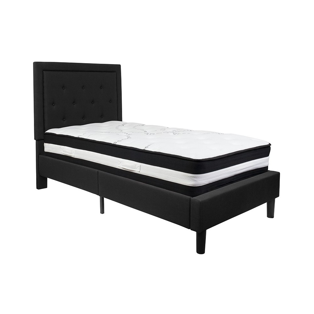 Roxbury Twin Size Tufted Upholstered Platform Bed in Black Fabric with Pocket Spring Mattress