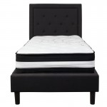 Roxbury Twin Size Tufted Upholstered Platform Bed in Black Fabric with Pocket Spring Mattress