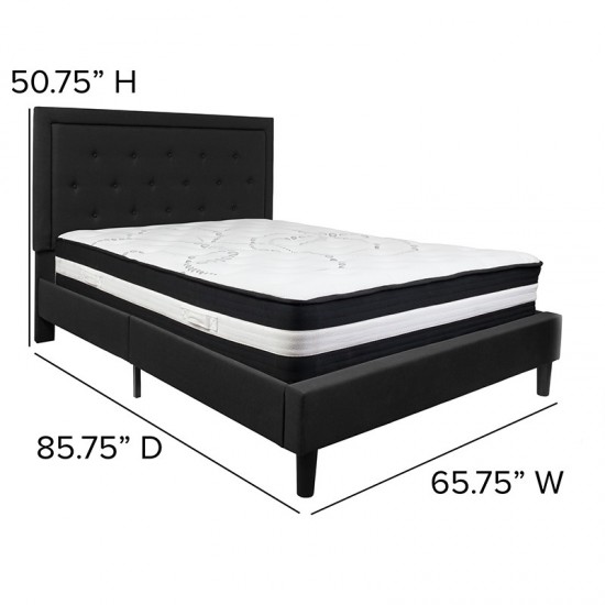 Roxbury Queen Size Tufted Upholstered Platform Bed in Black Fabric with Pocket Spring Mattress