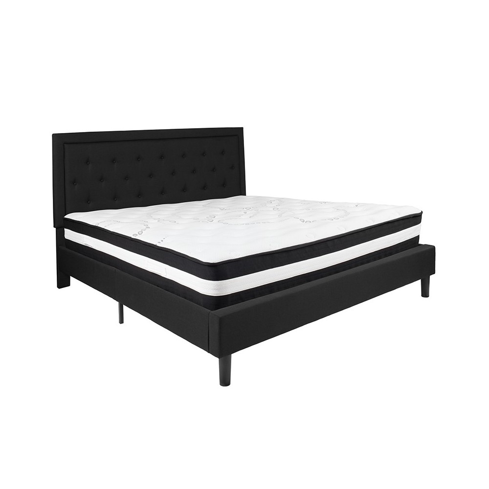 Roxbury King Size Tufted Upholstered Platform Bed in Black Fabric with Pocket Spring Mattress