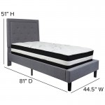 Roxbury Twin Size Tufted Upholstered Platform Bed in Light Gray Fabric with Pocket Spring Mattress