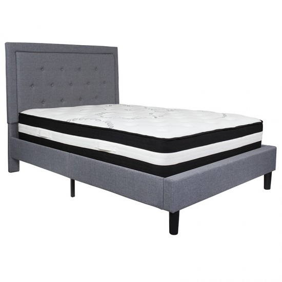 Roxbury Full Size Tufted Upholstered Platform Bed in Light Gray Fabric with Pocket Spring Mattress