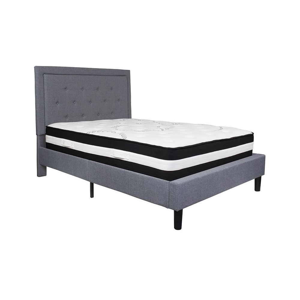 Roxbury Full Size Tufted Upholstered Platform Bed in Light Gray Fabric with Pocket Spring Mattress Roxbury Full Size Tufted Upholstered Platform Bed in Light Gray Fabric with Pocket Spring Mattress