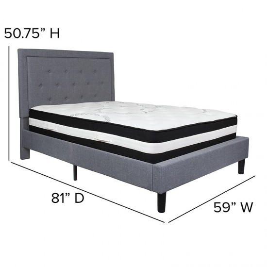 Roxbury Full Size Tufted Upholstered Platform Bed in Light Gray Fabric with Pocket Spring Mattress