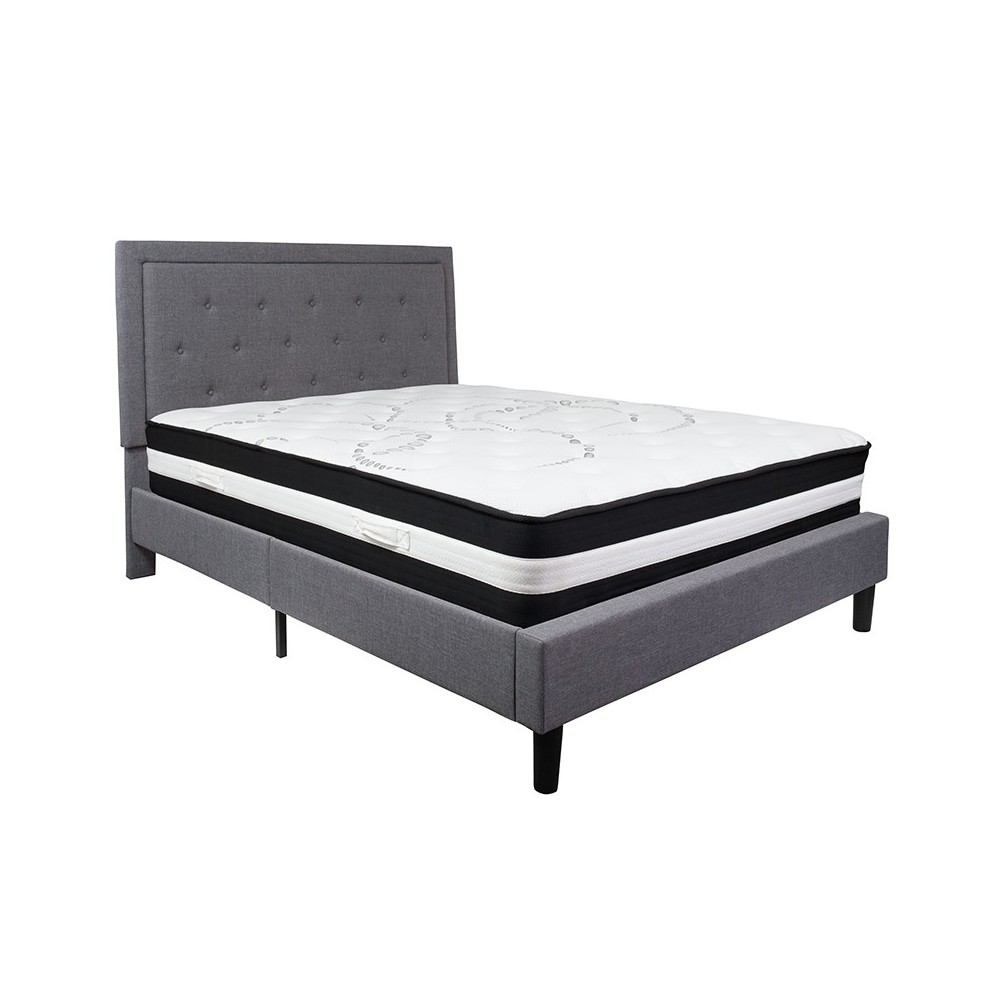 Roxbury Queen Size Tufted Upholstered Platform Bed in Light Gray Fabric with Pocket Spring Mattress