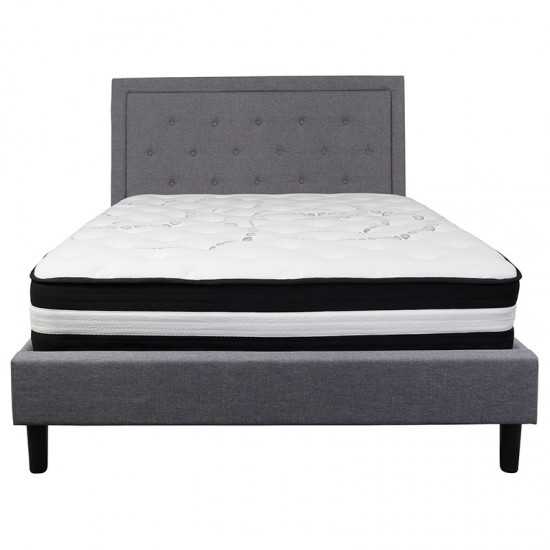 Roxbury Queen Size Tufted Upholstered Platform Bed in Light Gray Fabric with Pocket Spring Mattress