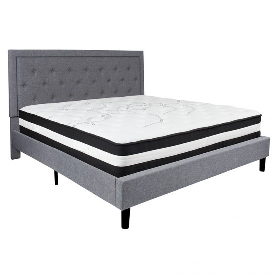Roxbury King Size Tufted Upholstered Platform Bed in Light Gray Fabric with Pocket Spring Mattress