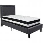 Roxbury Twin Size Tufted Upholstered Platform Bed in Dark Gray Fabric with Pocket Spring Mattress