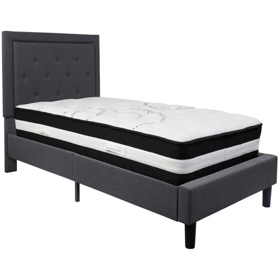 Roxbury Twin Size Tufted Upholstered Platform Bed in Dark Gray Fabric with Pocket Spring Mattress