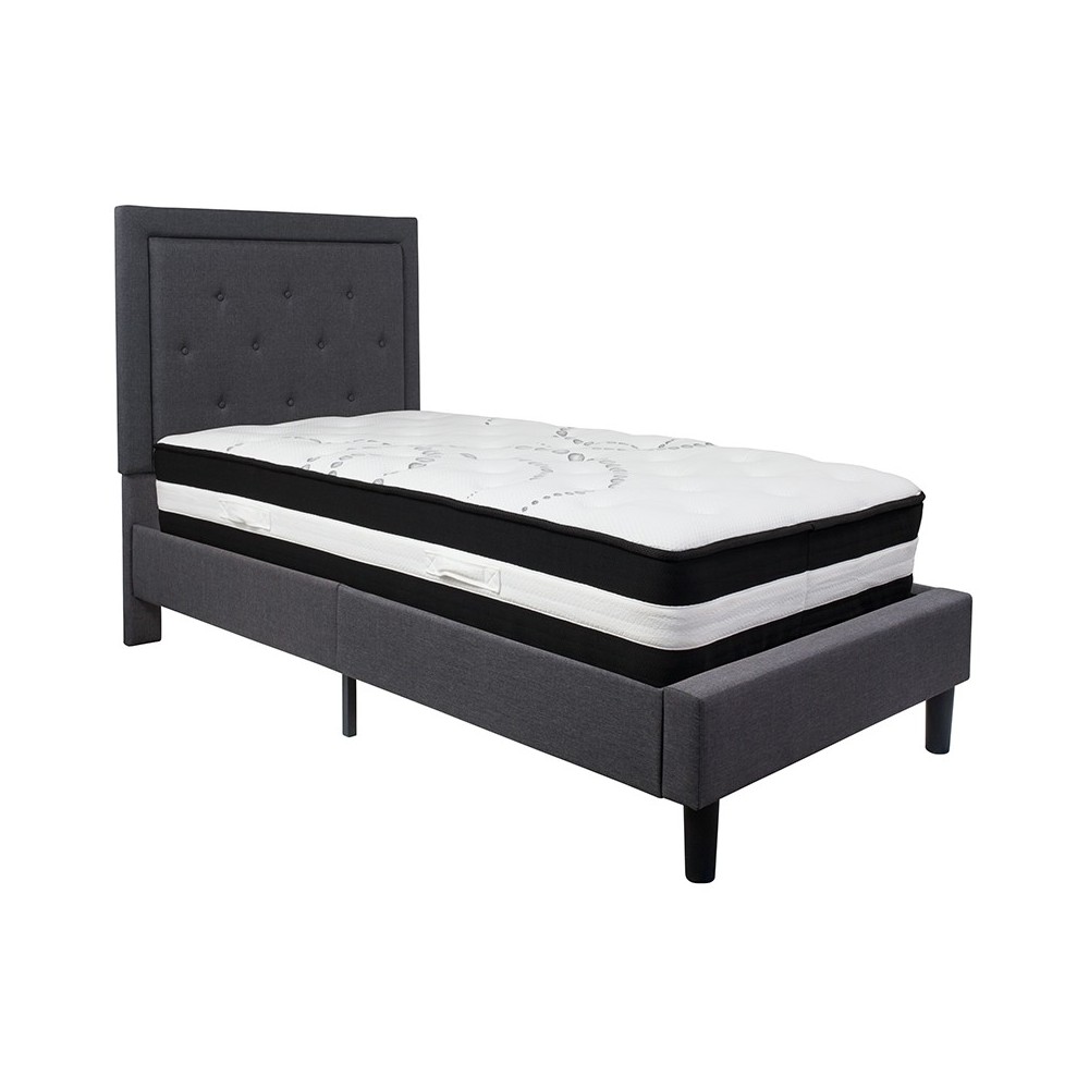 Roxbury Twin Size Tufted Upholstered Platform Bed in Dark Gray Fabric with Pocket Spring Mattress