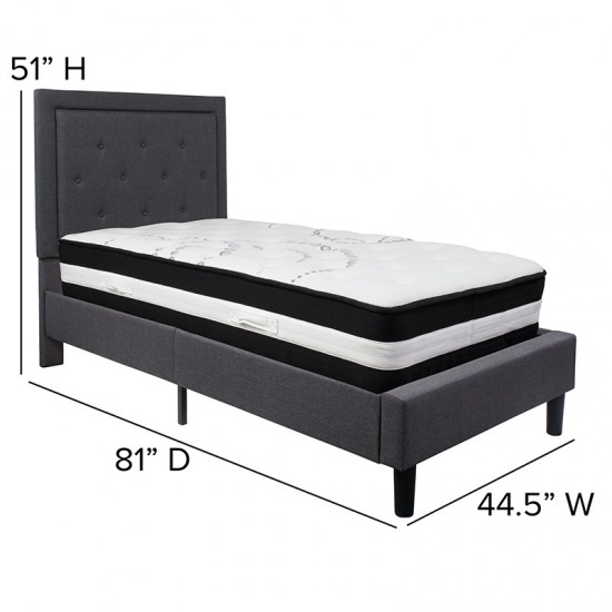 Roxbury Twin Size Tufted Upholstered Platform Bed in Dark Gray Fabric with Pocket Spring Mattress