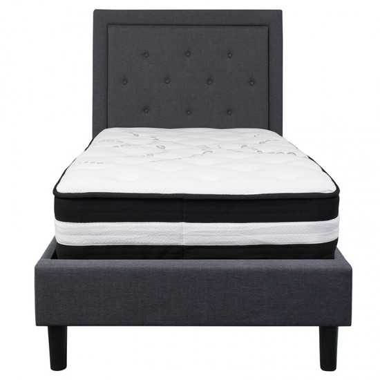 Roxbury Twin Size Tufted Upholstered Platform Bed in Dark Gray Fabric with Pocket Spring Mattress