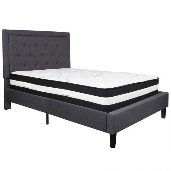 Roxbury Full Size Tufted Upholstered Platform Bed in Dark Gray Fabric with Pocket Spring Mattress