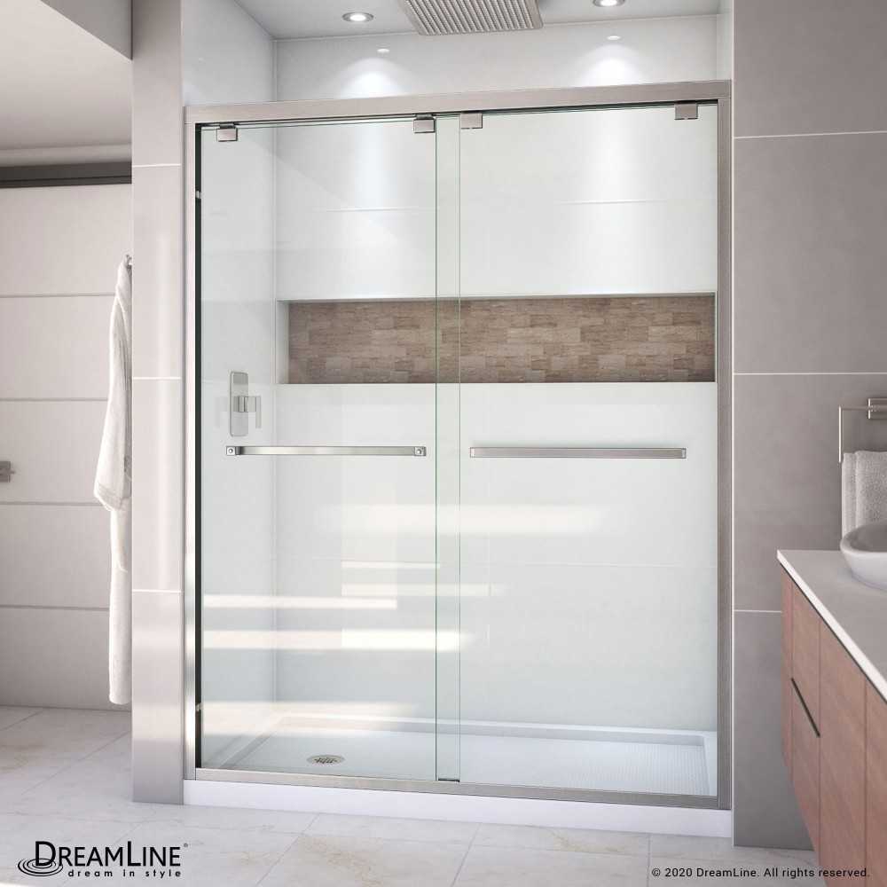 Encore 30 in. D x 60 in. W x 78 3/4 in. H Bypass Shower Door in Brushed Nickel and Left Drain White Base Kit