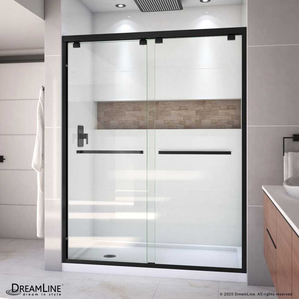 Encore 30 in. D x 60 in. W x 78 3/4 in. H Bypass Shower Door in Satin Black and Left Drain White Base Kit