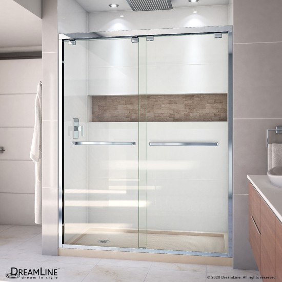 Encore 30 in. D x 60 in. W x 78 3/4 in. H Bypass Shower Door in Chrome and Left Drain Biscuit Base Kit