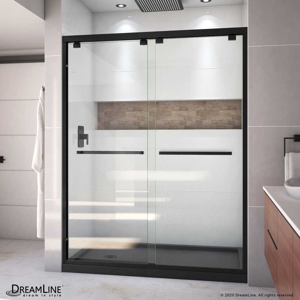 Encore 30 in. D x 60 in. W x 78 3/4 in. H Bypass Shower Door in Satin Black and Left Drain Black Base Kit