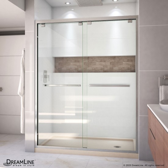 Encore 30 in. D x 60 in. W x 78 3/4 in. H Bypass Shower Door in Brushed Nickel and Right Drain Biscuit Base Kit