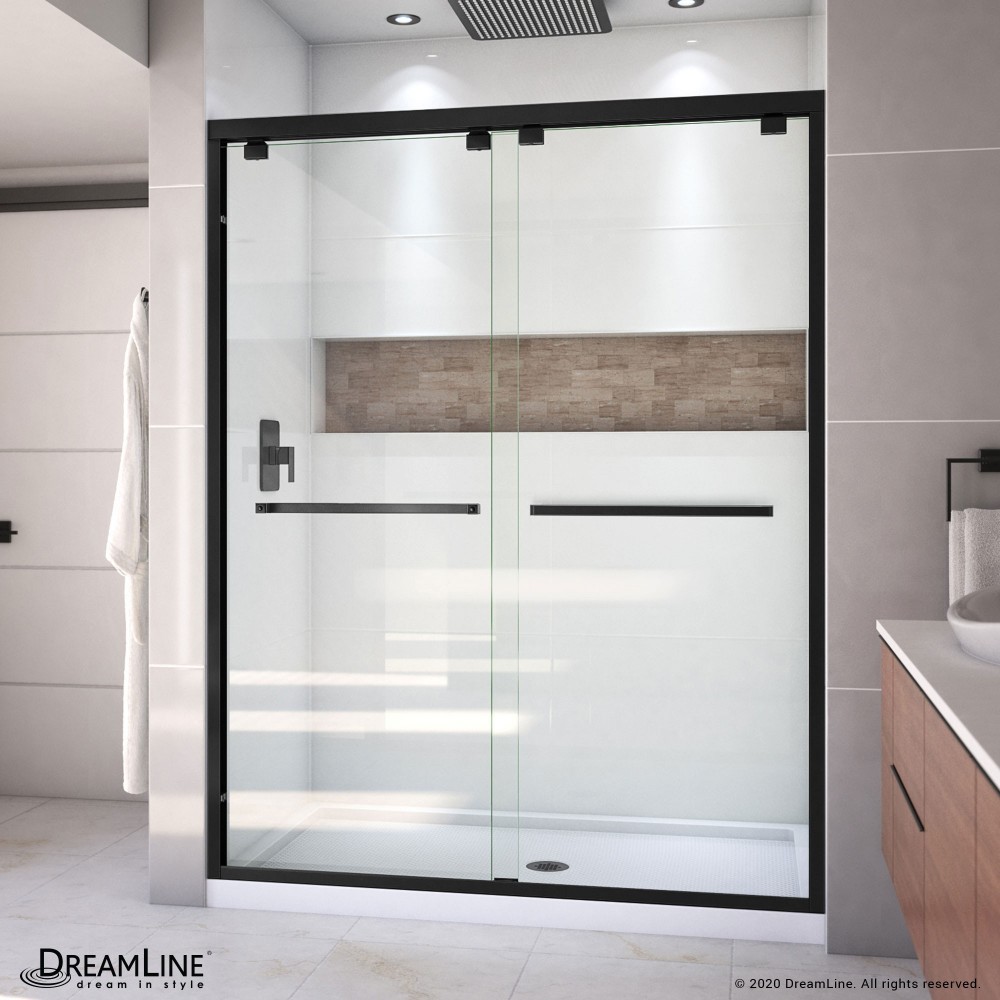 Encore 32 in. D x 60 in. W x 78 3/4 in. H Bypass Shower Door in Satin Black and Center Drain White Base Kit