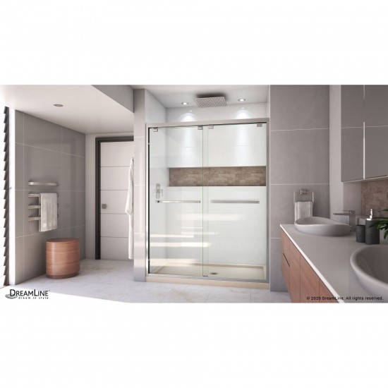 Encore 32 in. D x 60 in. W x 78 3/4 in. H Bypass Shower Door in Brushed Nickel and Center Drain Biscuit Base Kit