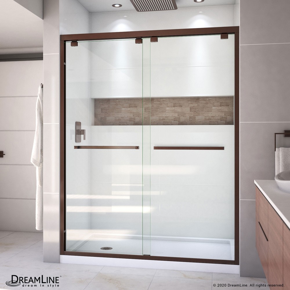 Encore 32 in. D x 60 in. W x 78 3/4 in. H Bypass Shower Door in Oil Rubbed Bronze and Left Drain White Base Kit