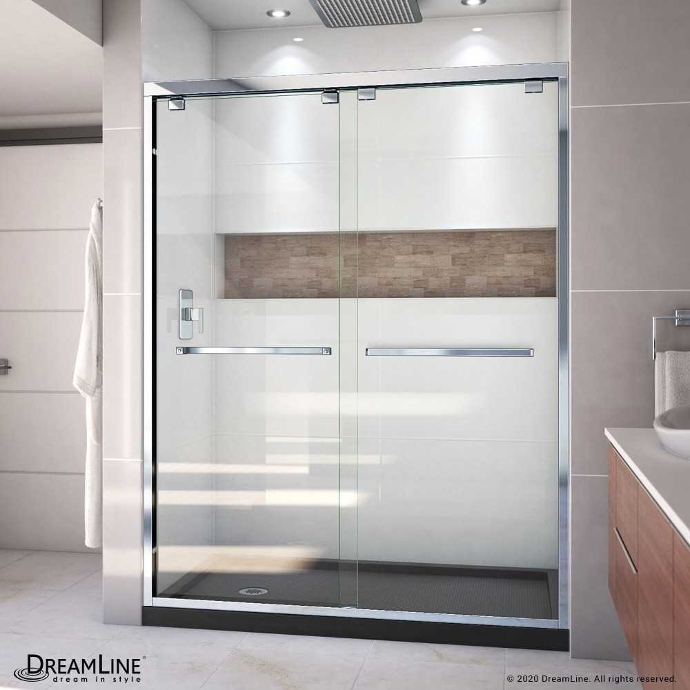 Encore 32 in. D x 60 in. W x 78 3/4 in. H Bypass Shower Door in Chrome and Left Drain Black Base Kit