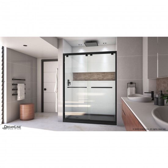 Encore 32 in. D x 60 in. W x 78 3/4 in. H Bypass Shower Door in Satin Black and Left Drain Black Base Kit