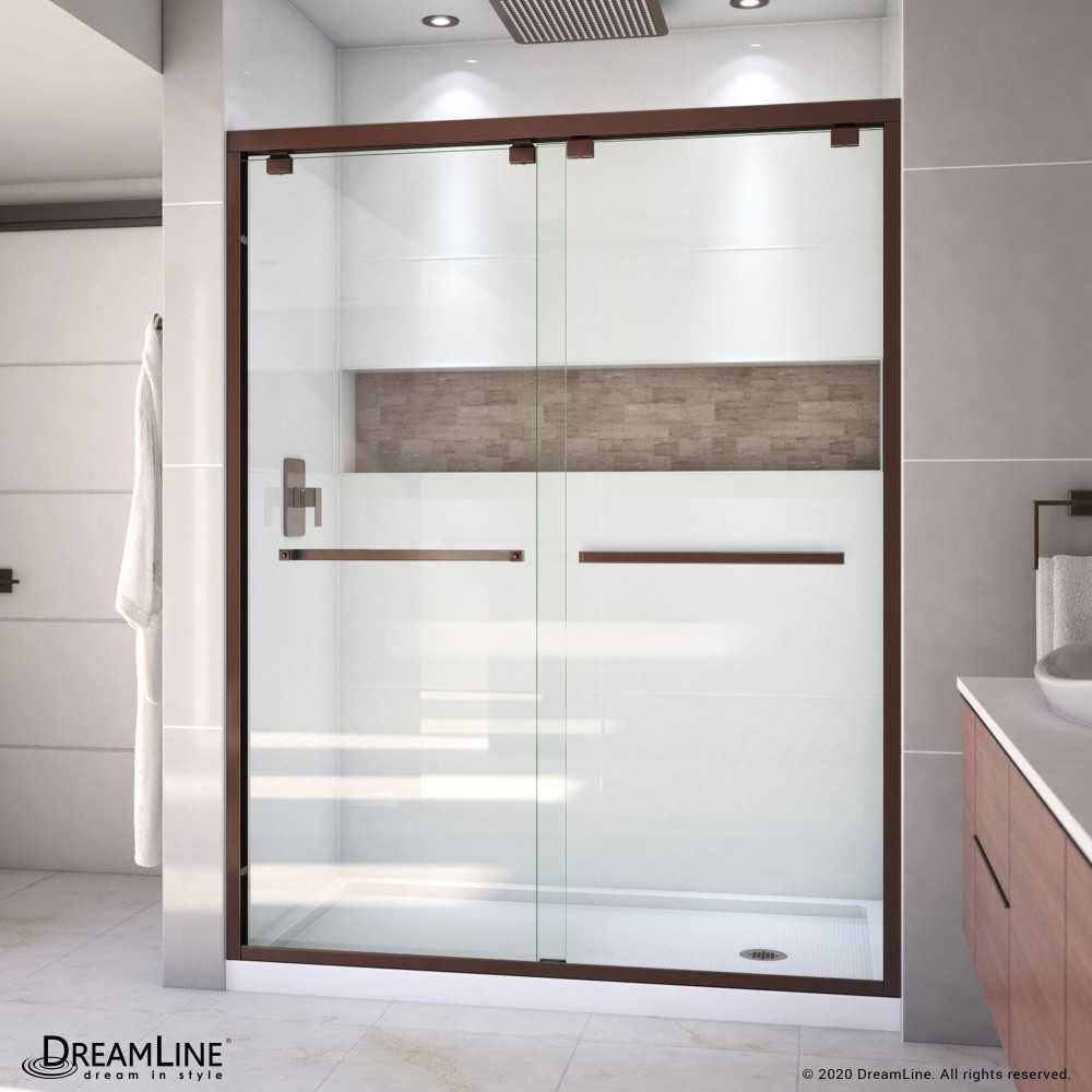 Encore 32 in. D x 60 in. W x 78 3/4 in. H Bypass Shower Door in Oil Rubbed Bronze and Right Drain White Base Kit