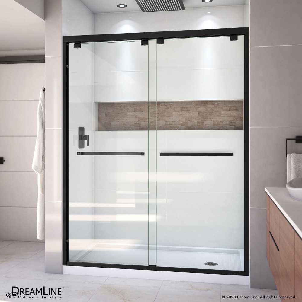 Encore 32 in. D x 60 in. W x 78 3/4 in. H Bypass Shower Door in Satin Black and Right Drain White Base Kit